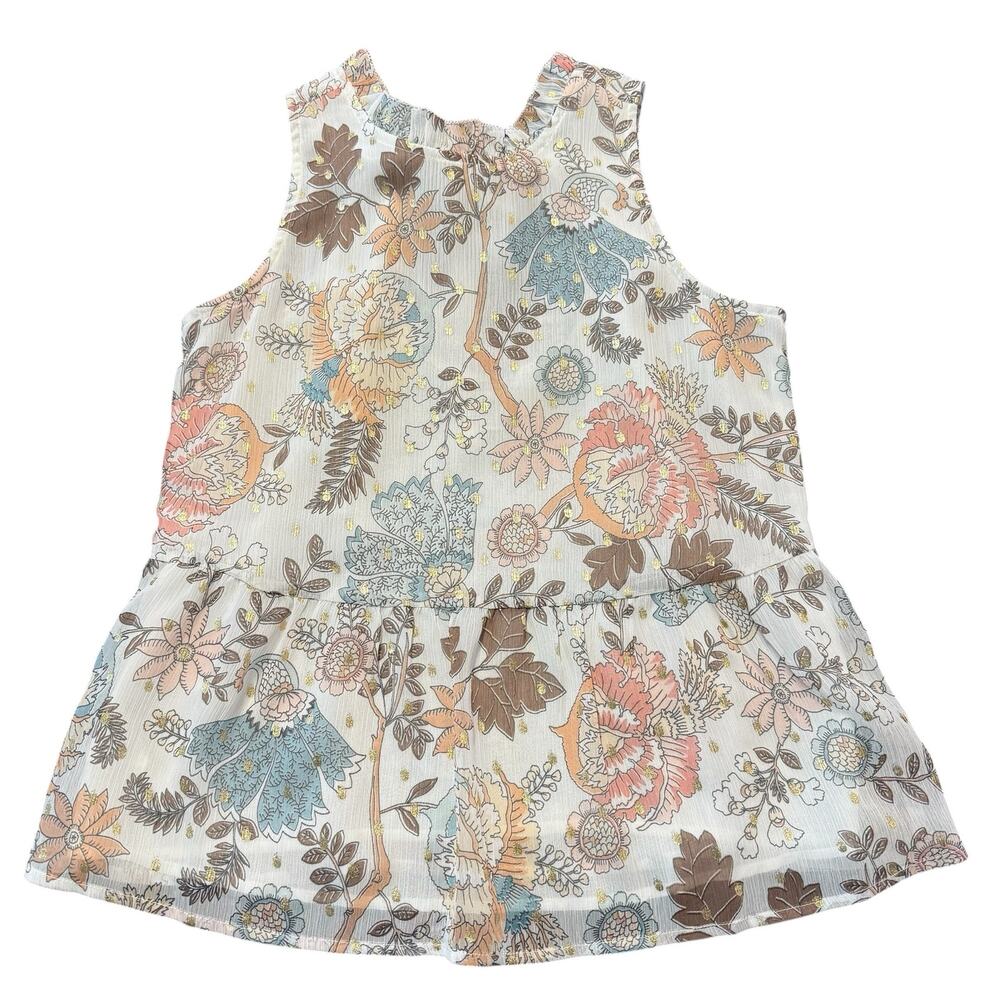 LOFT pastel floral tank blouse, metallic dots, back keyhole, ruffle neck, XXSP